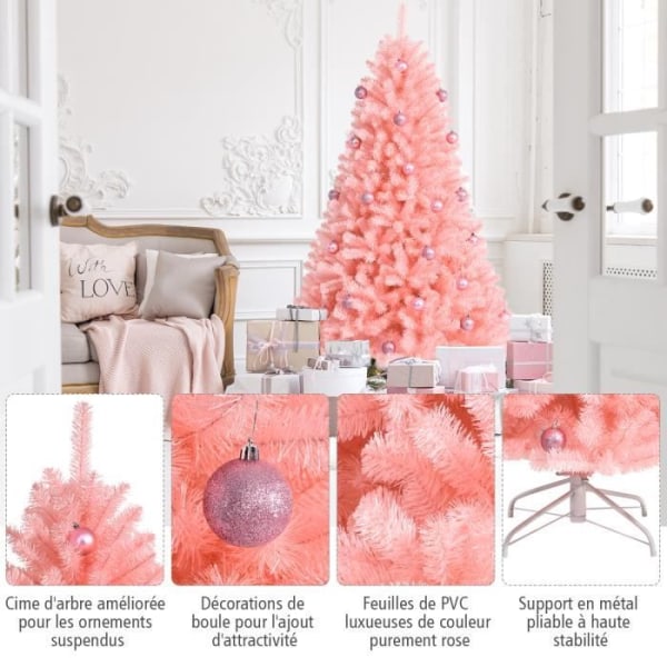 COSTWAY 180 cm Rosa konstgjord julgran gångjärn med 1036 kvistar metallbas Hopfällbar PVC 100 % helt ny dekorativ helgdag