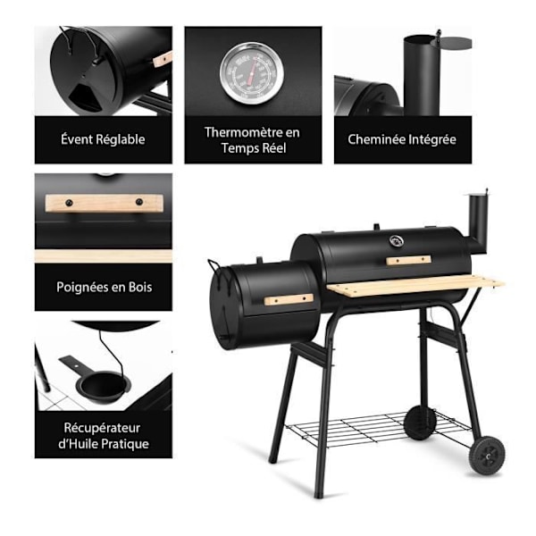 COSTWAY Charcoal Grill-Fjärrrökare, Lock-2 Hjul-Eldlåda-Sidobord-Termometer, Grill, 115x65x108cm Svart