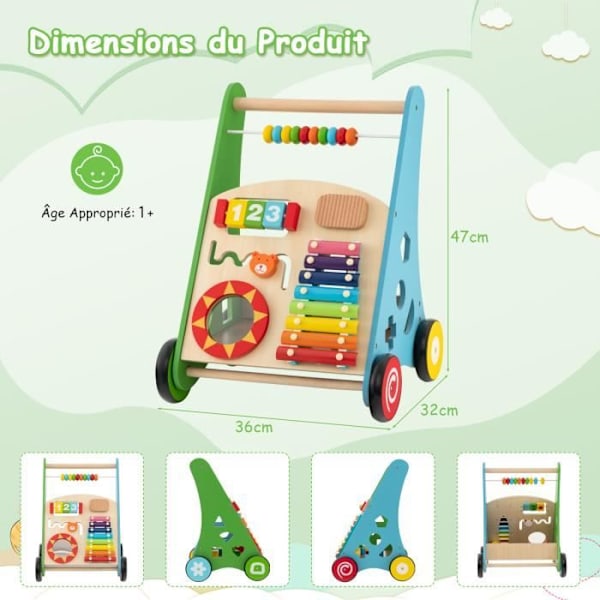 COSTWAY 7 i 1 Baby Walker i trä med förvaringslåda, 8 block och 1 klubba, multifunktionell, Montessori-leksak, 1 år+
