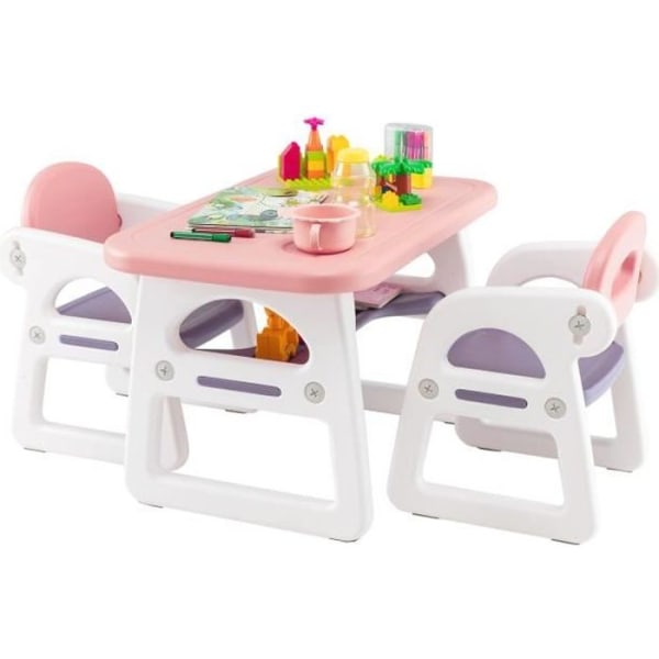 COSTWAY 3 delar barnbord och 2 stolar set med konkav förvaringshylla Åldrar 1-5 år Rosa och lila