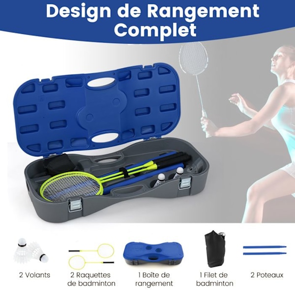 COSTWAY Portabelt badmintonset - Nät, 2 racketar, 2 fjäderbollar - 270 x 33,5 x 160 cm - Förvaringsväska - Metallrör - Blå