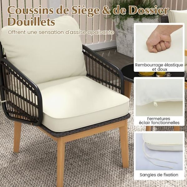 COSTWAY PE Rattan Havemøbelsæt - 2 personer - Ben i akacietræ - Puder Brun+beige