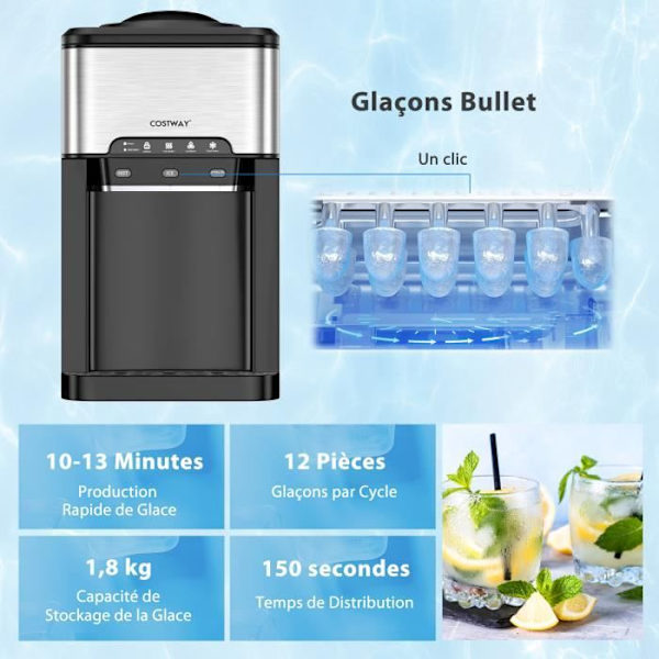 COSTWAY Ismaskin med kall/varmvattenfontän 3 i 1 20kg/24h 340W iskub 10-13 min 12 stycken för bar