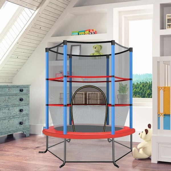 COSTWAY Trampolin til børn med sikkerhedsnet Ø165×1,91H CM-Zip-lukning-Fjederdæksel-6 Polstringstænger-Maksimal belastning 45 kg-Blå