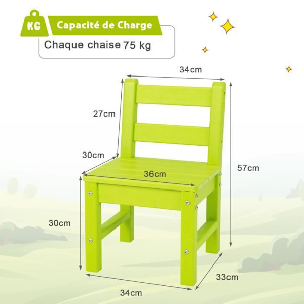 COSTWAY Sæt med 2 PE plast børnestole - 34 x 33 x 57 cm (L x B x H) Grøn Grön