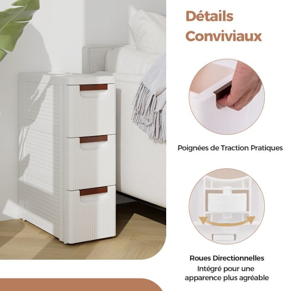 COSTWAY Smal Commode med 3 Skuffer, med Integrerede Hjul, til Badeværelse, Studie & Stue, 42 x 19 x 57 cm, Hvid Vit