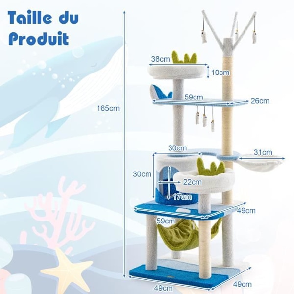 COSTWAY Cat Tree 165 CM - Asunto, raapimistolpat, riippuvat pommit, riippumatto, ahven, korisänky - meriteema