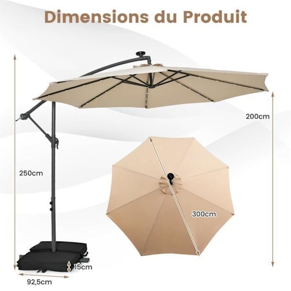 Parasol Déporté 3M - 40 LED-lys - COSTWAY - Krydsbase Sandpose - Beige - UV-beskyttelse 20+ Solcelle 6 Timer Beige