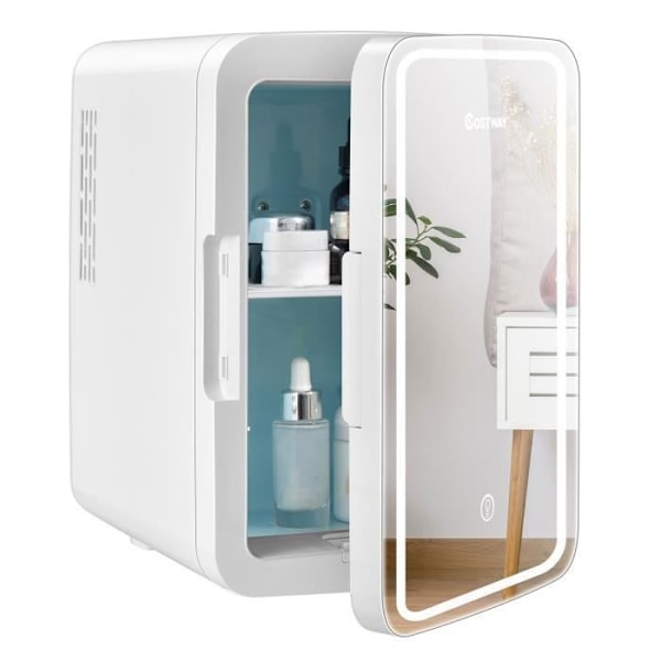 COSTWAY Mini Portable Makeup Kylskåp 10L LED-spegel Avtagbara hyllor 12V DC/220V AC Termoelektrisk kylare