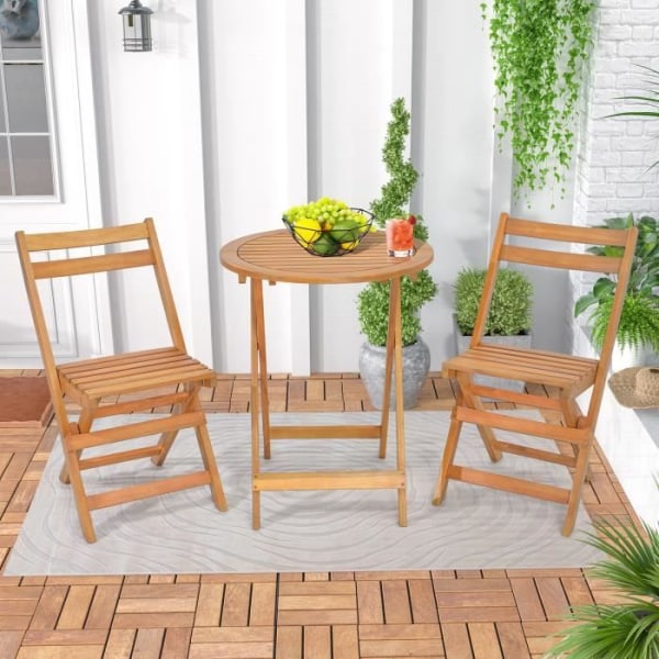 COSTWAY 3st hopfällbar trädgårdsmöbelset i akaciaträ - Set med bord och 2 stolar, ribbad design - Bistro Terrace Lounge