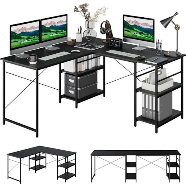COSTWAY Hjørneskrivebord - 151 x 151 x 75 CM - Justerbart til lige skrivebord, 4 opbevaringshylder, stort bord til 2 personer Sort Svart