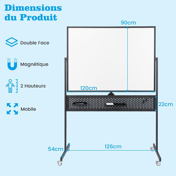 Mobil magnetisk tavle 120 x 90 cm COSTWAY - Dry Erase - Dobbeltsidet 360° - Pegboard og tilbehør - 2 højder - Sort