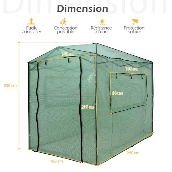 COSTWAY Havedrivhus 10 m³, bærbar pop-up, med 2 observationsvinduer, 2 dobbelte lynlåsdøre, 180 x 250 cm