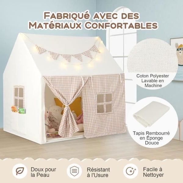 COSTWAY Lasten leikkiteltta - Pehmustettu matto - Tähtivalot - Viiribanneri - 3-8 vuotiaille - 125 x 100 x 127 cm - Beige Biége