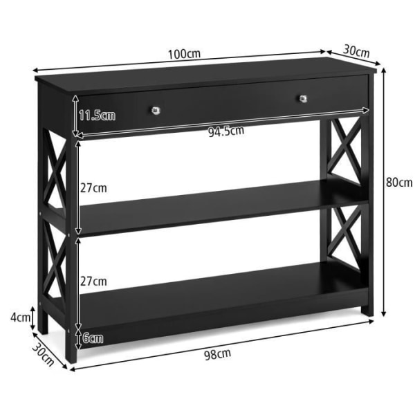 COSTWAY konsolbord - 1 stor låda, 3 hyllor, 100 x 30 x 80 CM (L x B x H) Hallenhet med anti-tilt svart