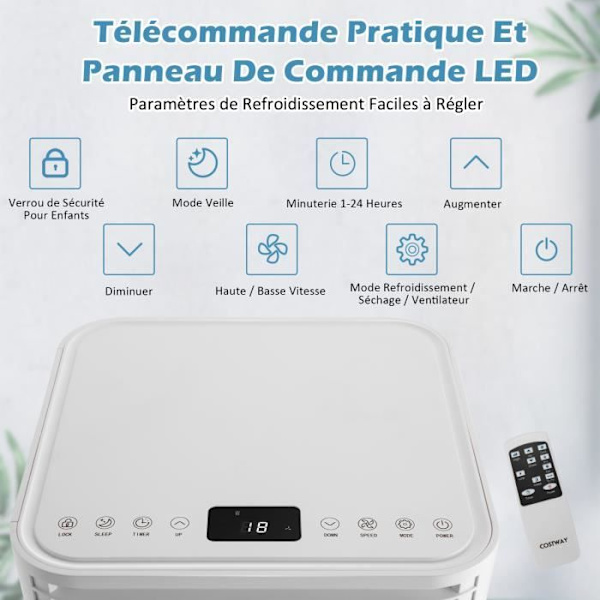 COSTWAY Ilmastointilaite 7000BTU 2,1 kW R290 Luokka A 4 in 1 Lepotila 15? Viileämpi ilmankuivaaja tuuletin 2 nopeutta valkoinen