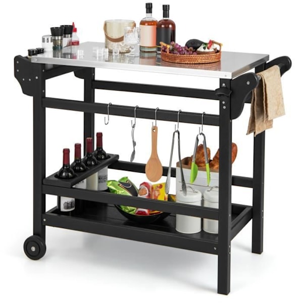 COSTWAY Vagn för Plancha 105 x 54 x 85 cm-Bricka i rostfritt stål-Kryddställ-Flaskhållare-2 släta hjul Svart