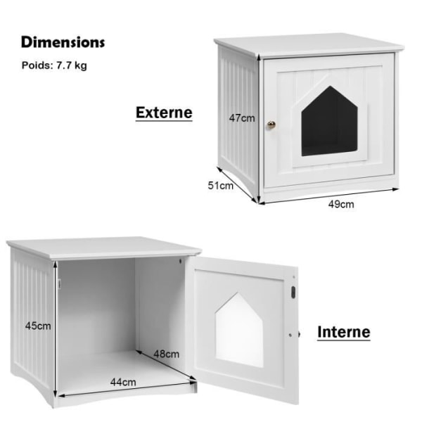 Träkatthus med dörr, handtag, slät yta, enkel rengöring för vardagsrum, sovrum, balkong 51 x 49 x 47 CM Vit