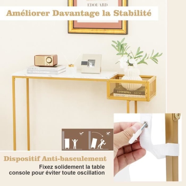 COSTWAY konsolbord, marmoreffekt - 110 x 30 x 80 cm (L x B x H), hallmöbler i skandinavisk stil, metallstomme i guld