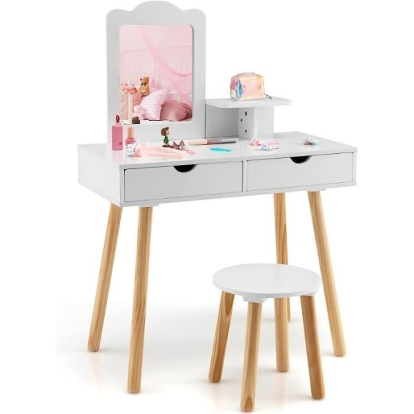 Sminkbord för barn - COSTWAY - 2 i 1 Sminkbord / Skrivbord - Furu, MDF - Vit