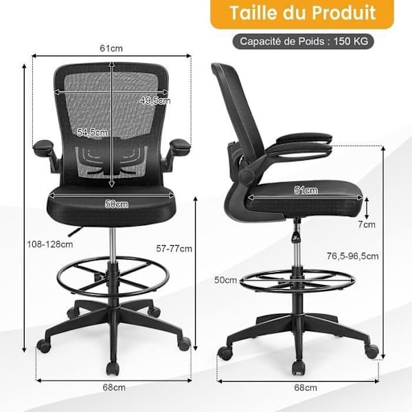 COSTWAY Ergonomisk mesh-lænestol på hjul, sammenklappelige armlæn med fodstøttering, højdejusterbar sort