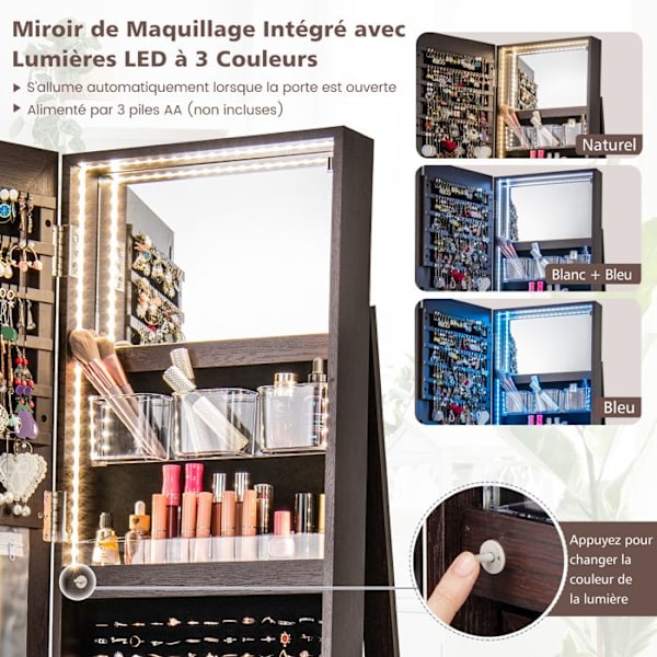COSTWAY 360° Svängbar Smyckesskrubb på Fötter, LED-lampor 3 Färger, Bakre Förvaringshyllor, Vikbar Hylla, Kaffe Kaffe