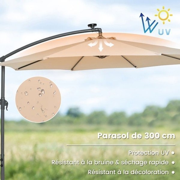 Parasol Déporté 3M - 40 LED-lys - COSTWAY - Krydsbase Sandpose - Beige - UV-beskyttelse 20+ Solcelle 6 Timer Beige