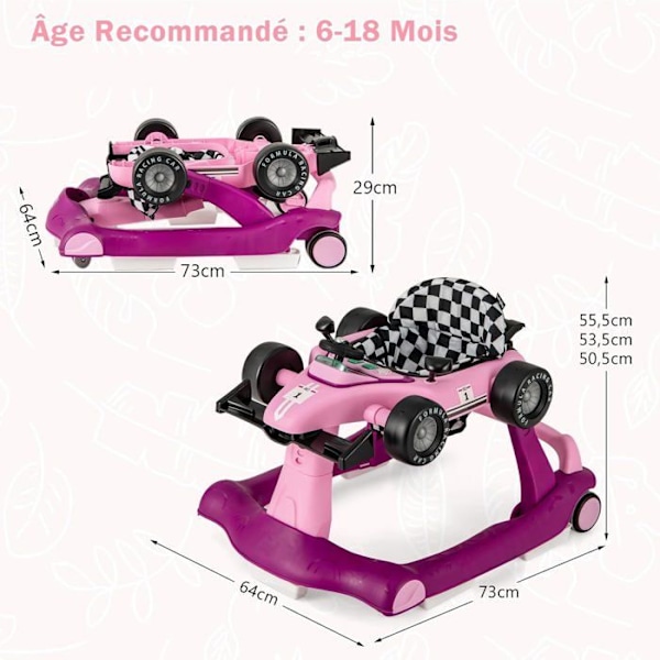 COSTWAY Musical Foldbar Baby Walker 4 i 1 biludseende pusher Justerbar højde og hastighed med lys lilla rat