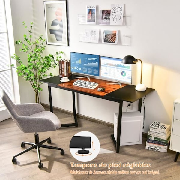 COSTWAY Stort computerbord 160 x 60 cm, med metalramme og krog, rustikt sort og brunt splejsningsbord, moderne Rustik svart och brun