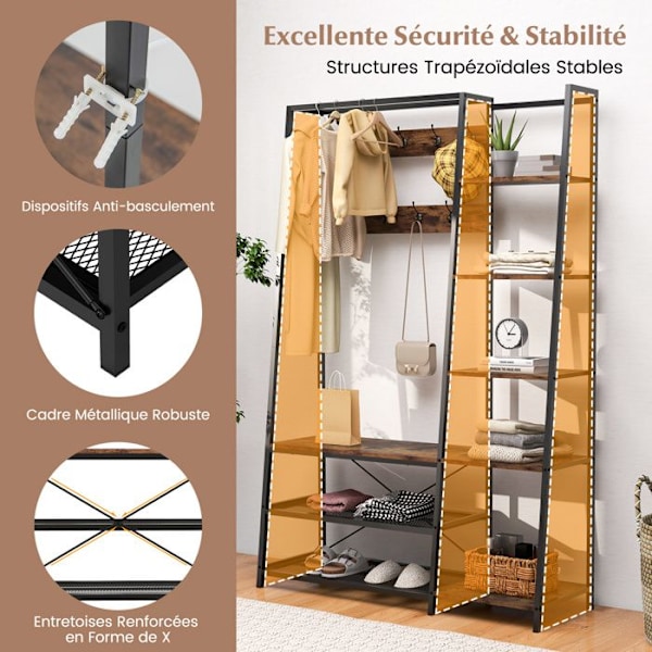 COSTWAY 5 i 1 knagerække 9 kroge & 5 sidehylder & 2 metalnethylder til entré og stue 118x40x180CM Sort Sort Brun