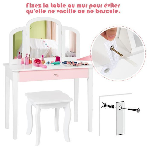 COSTWAY 2 in 1 lasten peilipöytä irrotettavalla ja taitettavalla peilillä, 1 iso prinsessatyylinen laatikko valkoinen