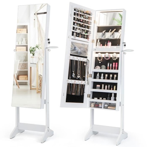 COSTWAY Fritstående smykkegarderobe med fuldlængde spejl og 3 farver LED, låsbar, til soveværelse, garderobe, hvid
