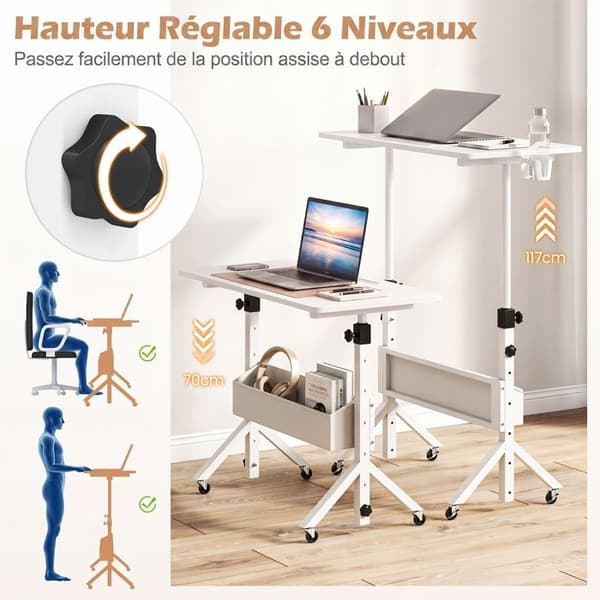 Bureau Assis-Debout COSTWAY Justerbar 6 Höjder 80×40cm Triangulära Ben Låsbara Hjul Tygficka Koppställ Vit