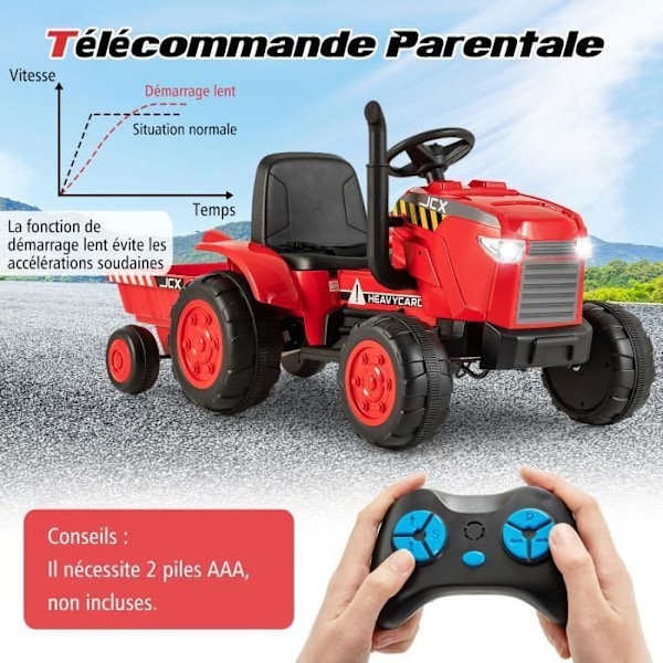 COSTWAY El-traktor 12V 7AH - 2.4G Fjernbetjening, Fjederophæng, LED, Horn, Soft Start, 3 - 8 År, Rød