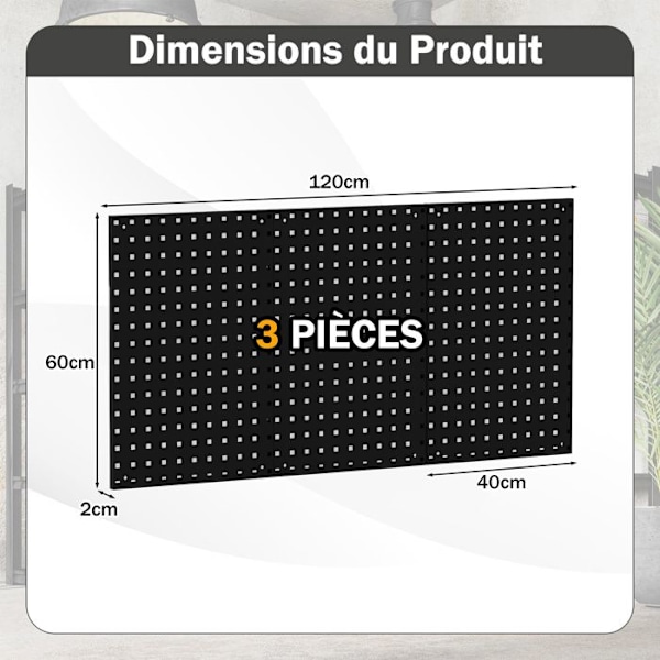 3 Vægmonterede Perforerede Paneler 120 x 60 x 2 cm COSTWAY-Værktøjsopbevaring i Metal-28 Hængeaccessories-Kroge, Hylder-Sort