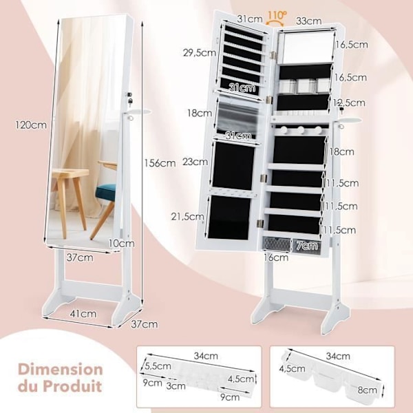 COSTWAY Fritstående smykkegarderobe med fuldlængde spejl og 3 farver LED, låsbar, til soveværelse, garderobe, hvid