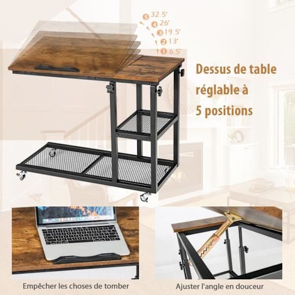 COSTWAY C-formet sidebord, justerbar top, låsehjul, stålstel, industriel stil, brun