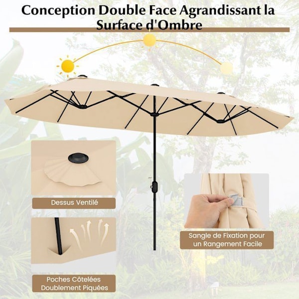 COSTWAY Parasol Dobbelt Haveparasol Ekstra Stor 240cm, med Vægtet Base, 12 Metalspiler, til Have, Pool, Beige Beige