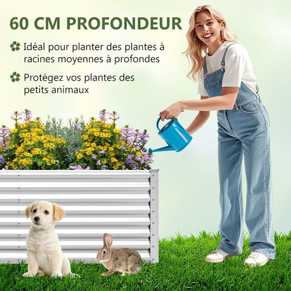 COSTWAY Neliöpuutarha 60 cm Metallista, Avoin Pohja, Jauhemaalattu, Paksu Kulmasuoja, Vihanneksille Kukille Yrteille, Hopea Pengar