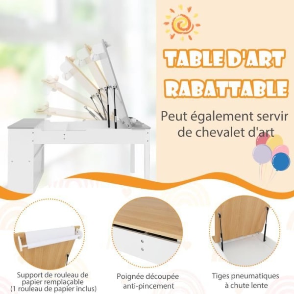 COSTWAY 3 i 1 barnbord och 2 stolar set - 6 förvaringsfack - Lyftbar fack - Pappersrulle och färgmuggar