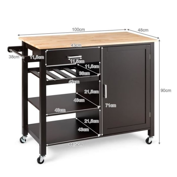 COSTWAY Køkkenvogn/Trolley på hjul - 100 x 48 x 90 CM - Køkkenø - Skuffe - Skab - Håndklædestativ - Brun