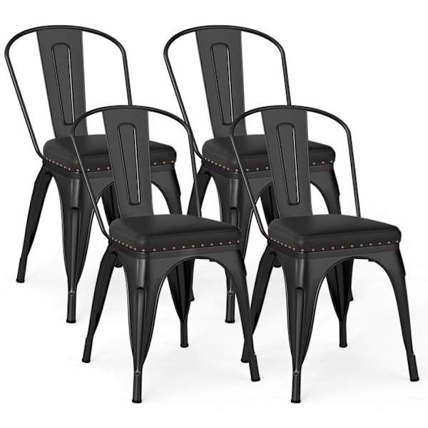 Lot 4 Stabelbare Metal Spisestole - COSTWAY - Aftagelig Ryg - Polstret Sæde i Faux Læder - 53 x 44 x 84 cm Sort