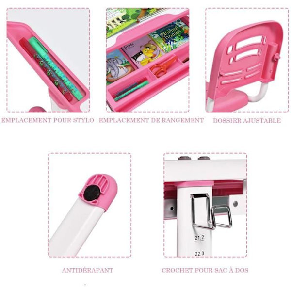 COSTWAY Ergonomisk børneskrivebord Justerbar højde og vinkel 0-40° bordsæt med stole, tegnebord med 1 skuffe Pink Rosa