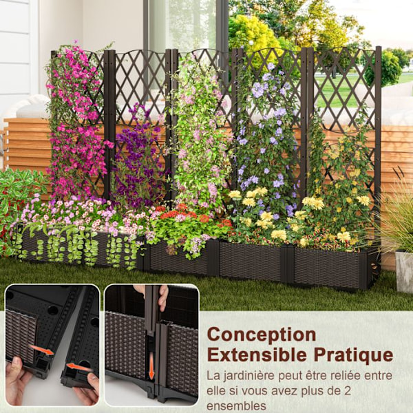 COSTWAY Havekasse med Spalier til Klatreplanter, 40 x 40 x 122 cm, Hævet Havebed med Selvvandingssystem, Brun kastanj