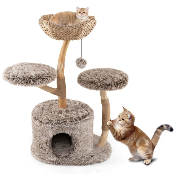 COSTWAY Kattunge Multi-Nivå 105 cm, Stånd i Massivt Päronträ, Perch, Sisal Klösträd, Hängande Boll, Naturlig Naturlig