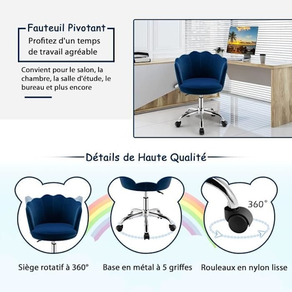 Velvet Swivel Kørestol - COSTWAY - Kronbladsform - Justerbar Højde - Blå Blå
