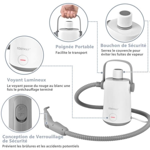 COSTWAY kannettava käsihöyrypuhdistin 1000 W 300 ml vesisäiliö 10 lisävarustetta Lämpötila 95°C Paine 3 Bar Harmaa+Valkoinen Grå+vit