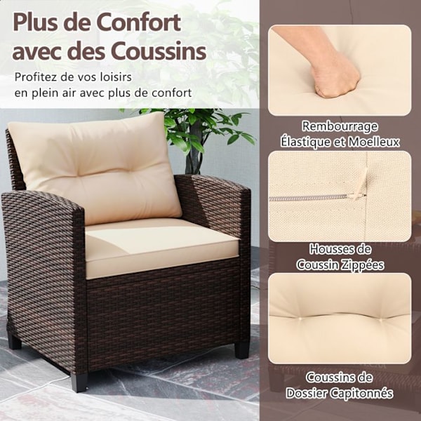 Sæt af 3 dele Havemøbler Kostway med bord og stole, PE Rattan, puder, bordplade i hærdet glas, til terrasse, patio, balkon Rottfärg: Blandad Brun | Kuddefärg:
