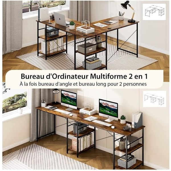 COSTWAY hjørneskrivebord - 151 x 151 x 75 CM - Justerbart til lige skrivebord, 4 opbevaringshylder, stort bord til 2 personer Brun kastanj