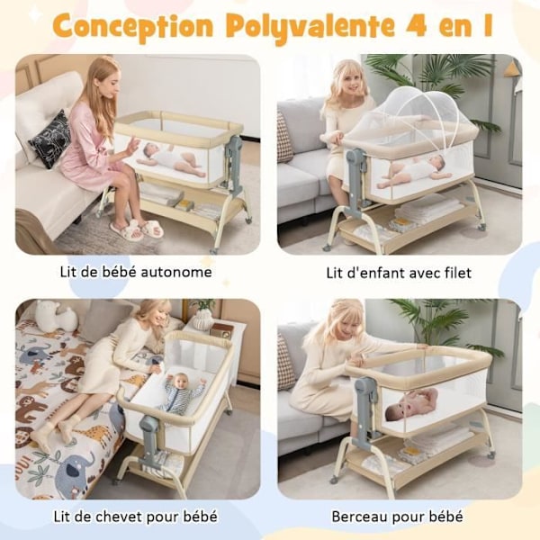 COSTWAY Vauvan Kannettava 4-in-1 Sänky, Patja, Verkko, Säilytyskori, 2 Joustavaa Hihnaa Korkeussäätö 0-6 Kuukautta Beige Beige och vit